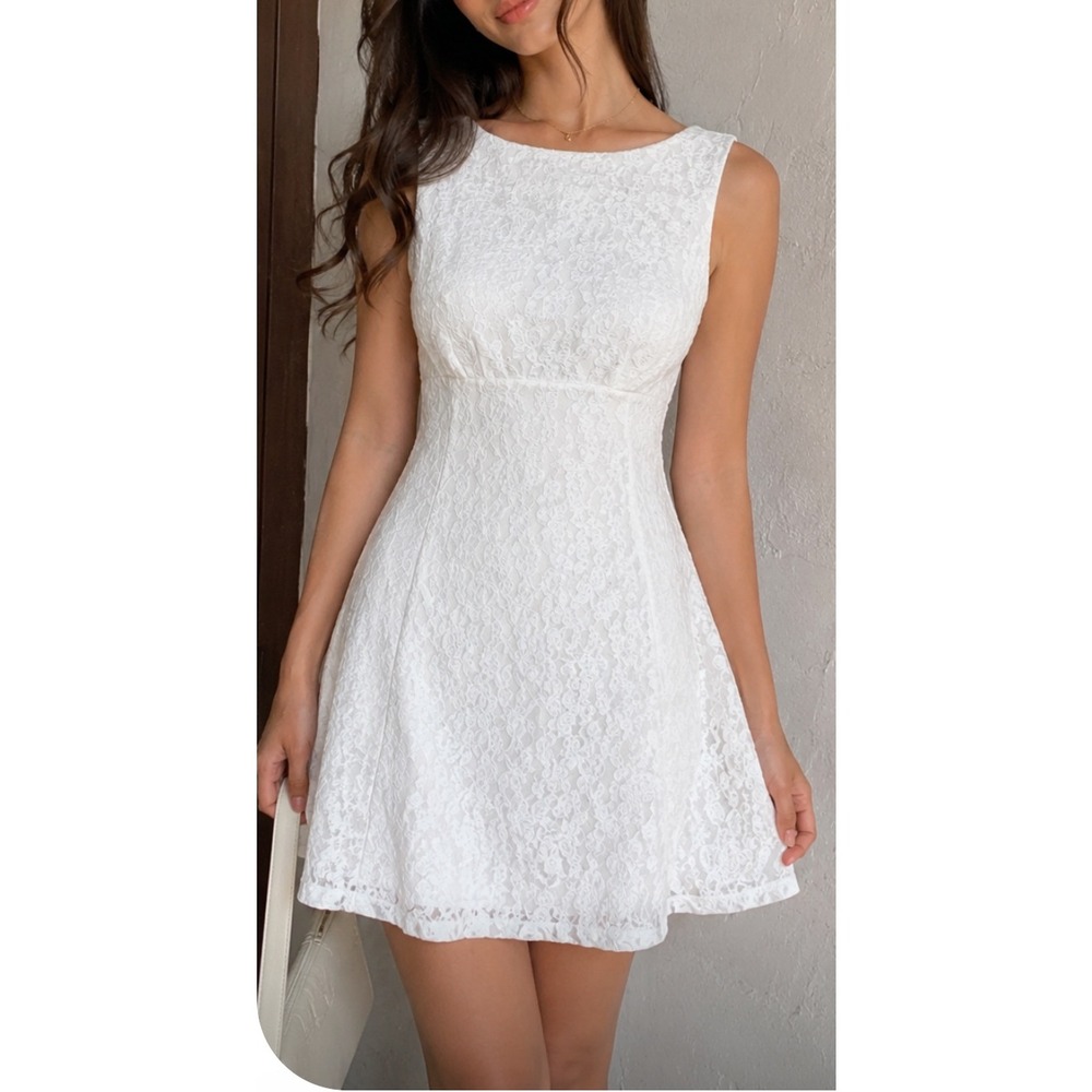 Rihoas White Floral Lace Backless Bow Mini Dress Sleeveless Bridal G0368 womens
